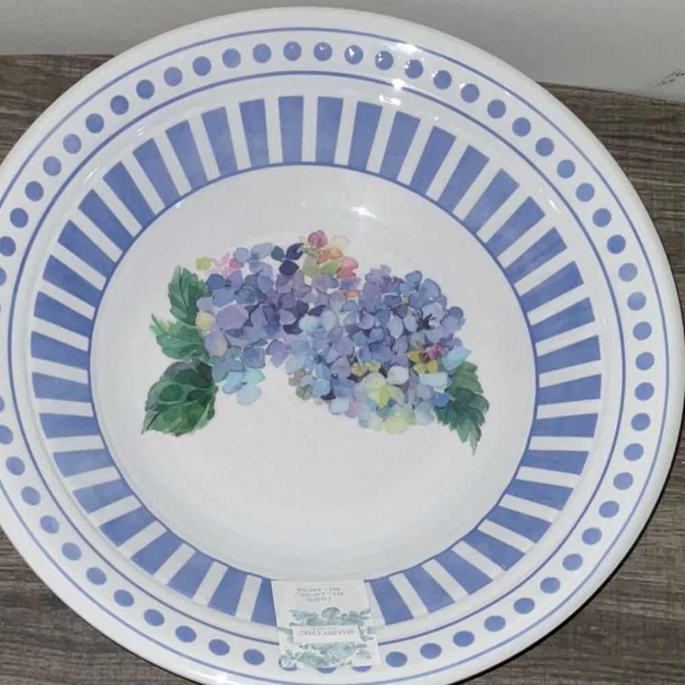 SHABBY CHIC MELAMINE BLUE HYDRANGEAS FOOTED ROUND 14” SERVING BOWL NWT